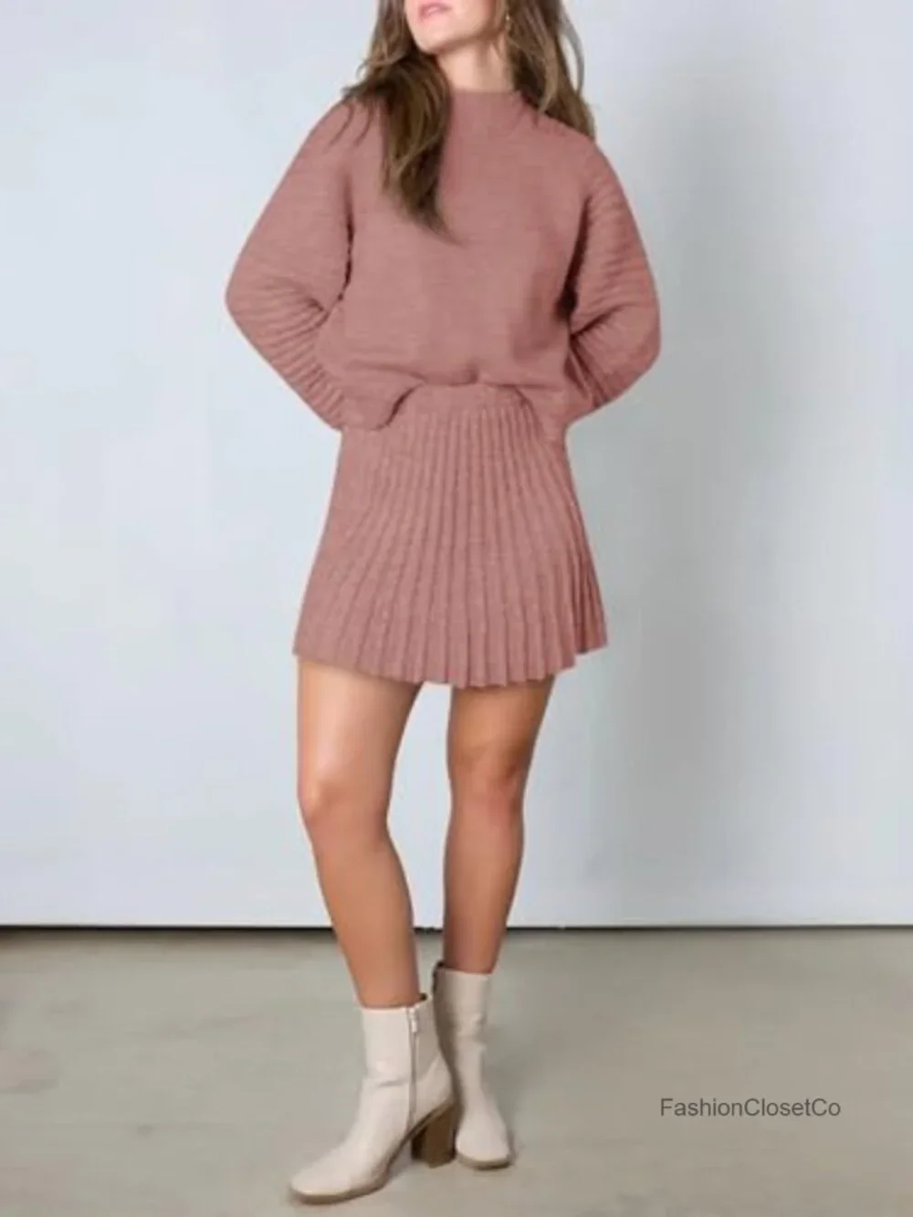 2 Piece Skirt Set Fall Fashion Mock Neck Ribbed Knit Sweater and Mini Skirt Two